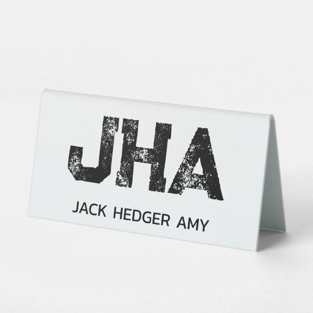 MINIMALIST BLACK THREE LETTER MONOGRAM NAME WHITE TABLE TENT (Front)
