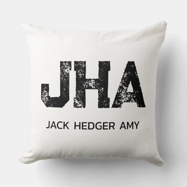 MINIMALIST BLACK THREE LETTER MONOGRAM NAME WHITE THROW PILLOW (Front)