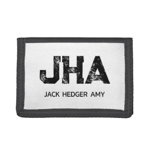 MINIMALIST BLACK THREE LETTER MONOGRAM NAME WHITE TRIFOLD WALLET
