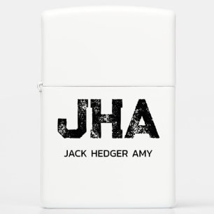 MINIMALIST BLACK THREE LETTER MONOGRAM NAME WHITE ZIPPO LIGHTER