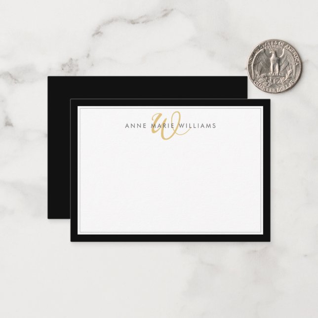 Minimalist Black Two Border Gold Monogram Note Card (Front/Back In Situ)
