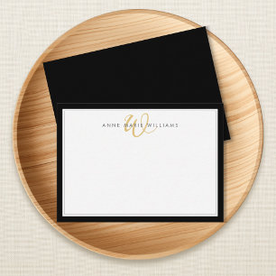 Minimalist Black Two Border Gold Monogram Note Card