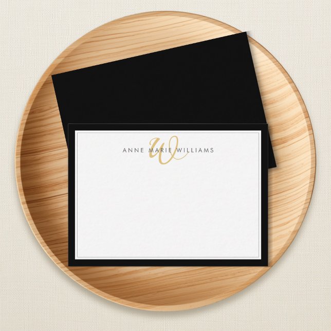 Minimalist Black Two Border Gold Monogram Note Card (Creator Uploaded)