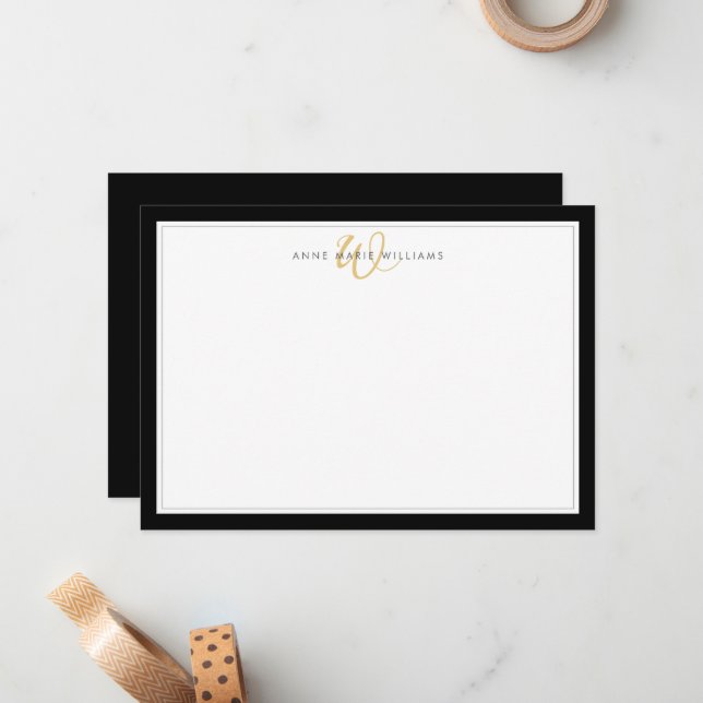 Minimalist Black Two Border Gold Monogram Note Card (Front/Back In Situ)