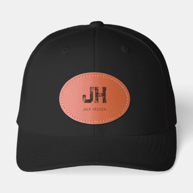 MINIMALIST BLACK TWO LETTER MONOGRAM NAME CLEAN LEATHER PATCH HAT (Front)