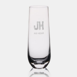 MINIMALIST BLACK TWO LETTER MONOGRAM NAME CLEAR STEMLESS CHAMPAGNE FLUTE