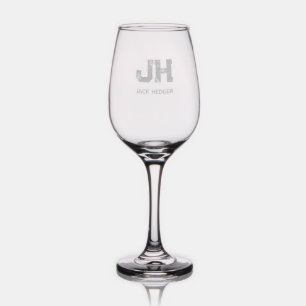 MINIMALIST BLACK TWO LETTER MONOGRAM NAME CLEAR WINE GLASS