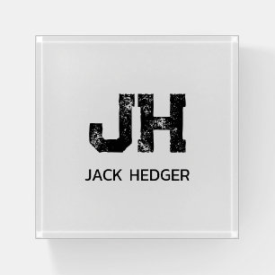 MINIMALIST BLACK TWO LETTER MONOGRAM NAME GLASS PAPERWEIGHT