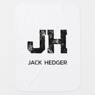 MINIMALIST BLACK TWO LETTER MONOGRAM NAME WHITE BABY BLANKET