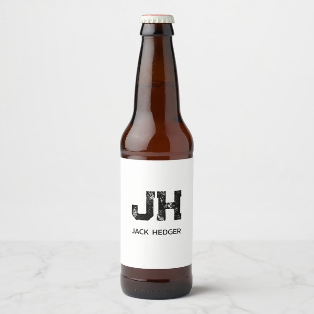 MINIMALIST BLACK TWO LETTER MONOGRAM NAME WHITE BEER BOTTLE LABEL (Front)