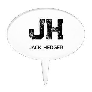MINIMALIST BLACK TWO LETTER MONOGRAM NAME WHITE CAKE TOPPER