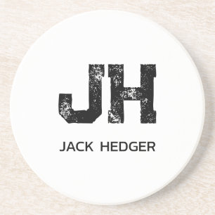 MINIMALIST BLACK TWO LETTER MONOGRAM NAME WHITE COASTER