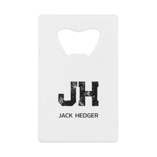 MINIMALIST BLACK TWO LETTER MONOGRAM NAME WHITE CREDIT CARD BOTTLE OPENER