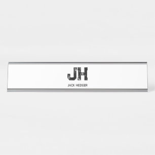 MINIMALIST BLACK TWO LETTER MONOGRAM NAME WHITE DESK NAME PLATE