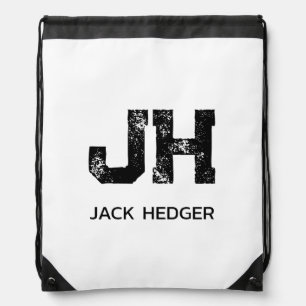 MINIMALIST BLACK TWO LETTER MONOGRAM NAME WHITE DRAWSTRING BAG