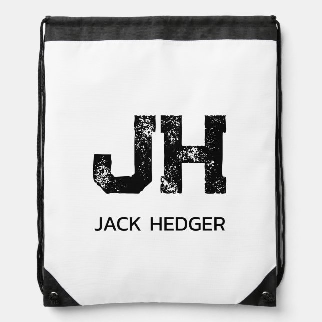 MINIMALIST BLACK TWO LETTER MONOGRAM NAME WHITE DRAWSTRING BAG (Front)