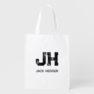 MINIMALIST BLACK TWO LETTER MONOGRAM NAME WHITE GROCERY BAG