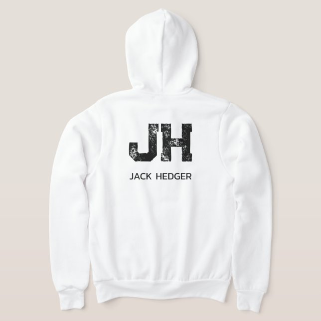 MINIMALIST BLACK TWO LETTER MONOGRAM NAME WHITE HOODIE (Laydown Back)