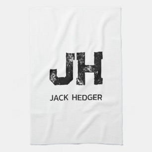 MINIMALIST BLACK TWO LETTER MONOGRAM NAME WHITE KITCHEN TOWEL