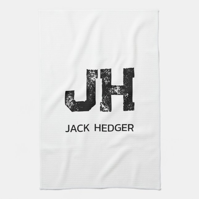 MINIMALIST BLACK TWO LETTER MONOGRAM NAME WHITE KITCHEN TOWEL (Vertical)