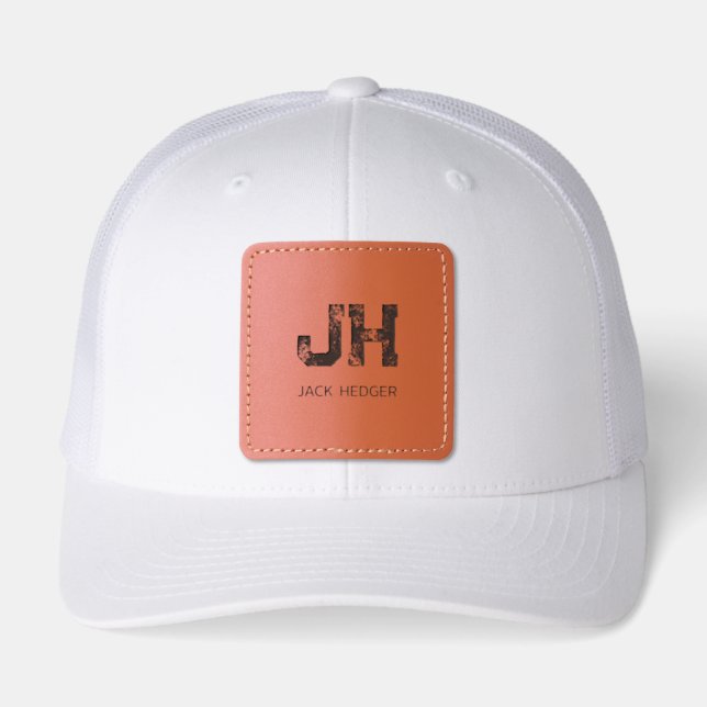 MINIMALIST BLACK TWO LETTER MONOGRAM NAME WHITE LEATHER PATCH HAT (Front)