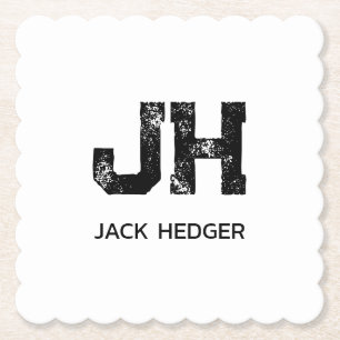 MINIMALIST BLACK TWO LETTER MONOGRAM NAME WHITE PAPER COASTER