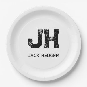 MINIMALIST BLACK TWO LETTER MONOGRAM NAME WHITE PAPER PLATES