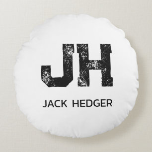 MINIMALIST BLACK TWO LETTER MONOGRAM NAME WHITE ROUND PILLOW
