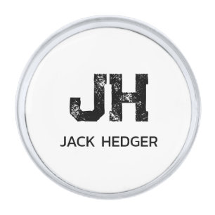 MINIMALIST BLACK TWO LETTER MONOGRAM NAME WHITE SILVER FINISH LAPEL PIN