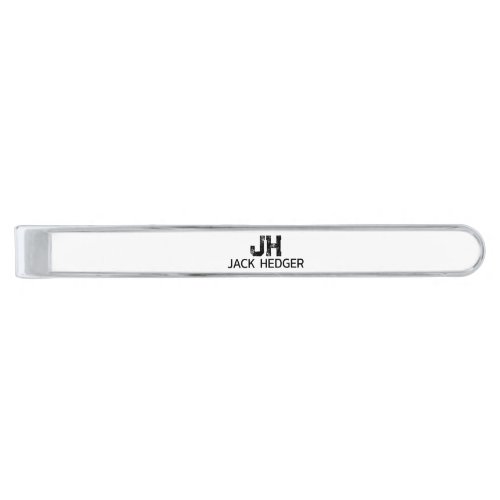 MINIMALIST BLACK TWO LETTER MONOGRAM NAME WHITE SILVER FINISH TIE BAR