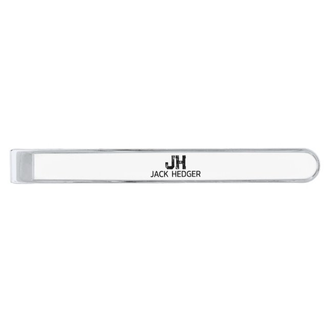 MINIMALIST BLACK TWO LETTER MONOGRAM NAME WHITE SILVER FINISH TIE BAR (Front)