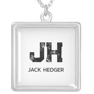 MINIMALIST BLACK TWO LETTER MONOGRAM NAME WHITE SILVER PLATED NECKLACE