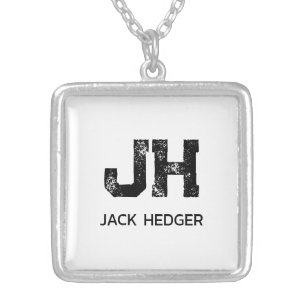 MINIMALIST BLACK TWO LETTER MONOGRAM NAME WHITE SILVER PLATED NECKLACE