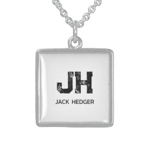 MINIMALIST BLACK TWO LETTER MONOGRAM NAME WHITE STERLING SILVER NECKLACE