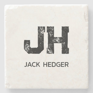 MINIMALIST BLACK TWO LETTER MONOGRAM NAME WHITE STONE COASTER