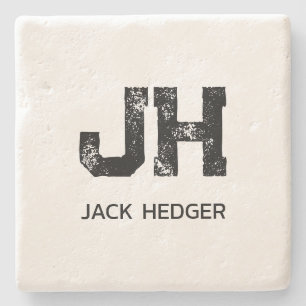 MINIMALIST BLACK TWO LETTER MONOGRAM NAME WHITE STONE COASTER