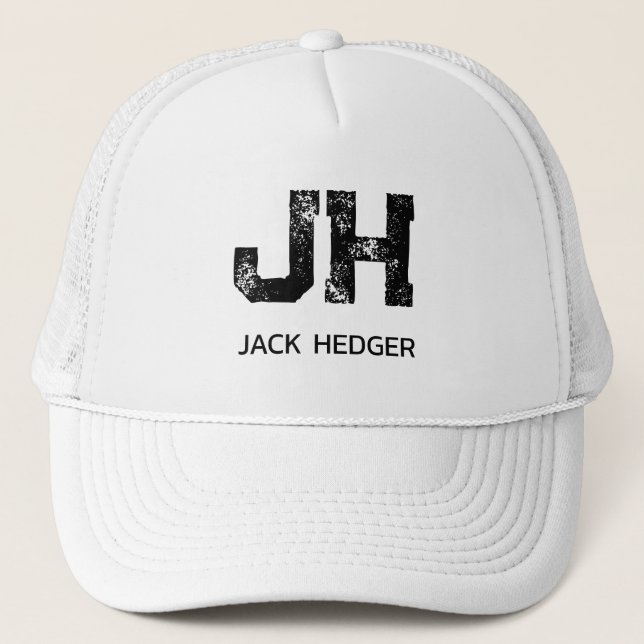 MINIMALIST BLACK TWO LETTER MONOGRAM NAME WHITE TRUCKER HAT (Front)