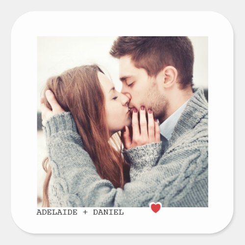 Minimalist Black Typing Red Heart Wedding Photo Square Sticker