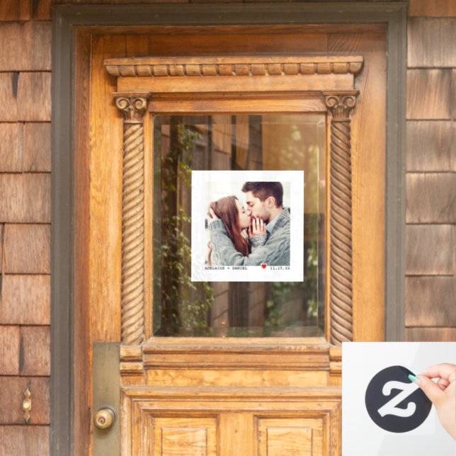 Minimalist Black Typing, Red Heart Wedding Photo Window Cling (Home Door)