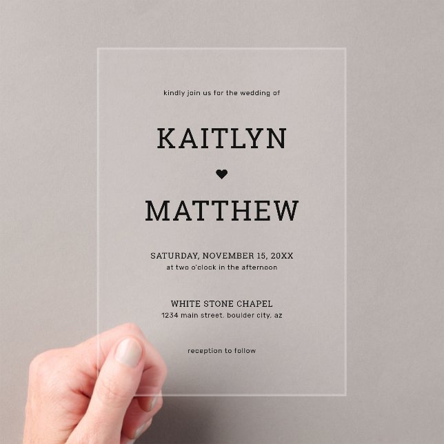 Minimalist Black Typography with Heart Wedding Acrylic Invitations (Insitu (Handheld))