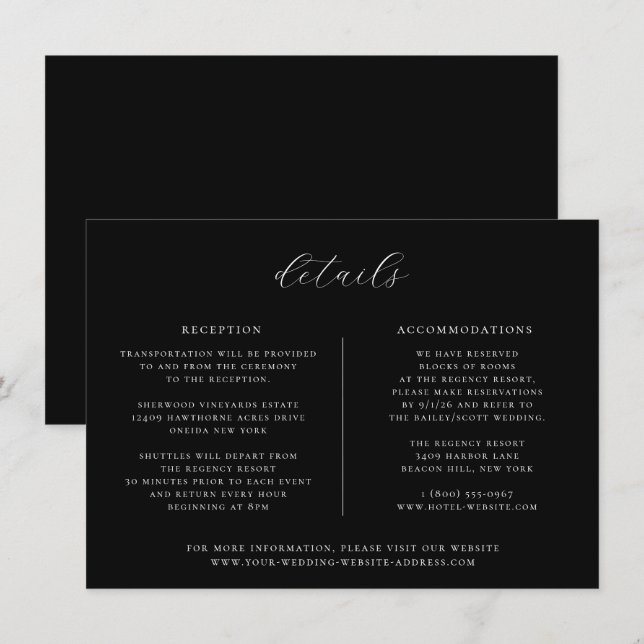 Minimalist Black Wedding Details Card (Front/Back)