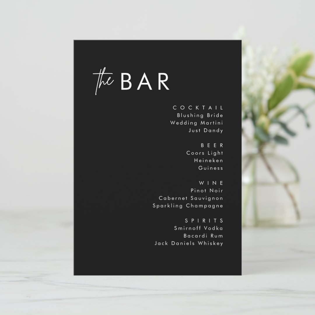 Minimalist Black Wedding Drinks Bar Menu Cards | Zazzle