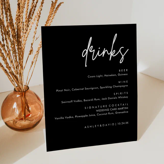 Minimalist Black Wedding Drinks Bar Menu Pedestal Sign 