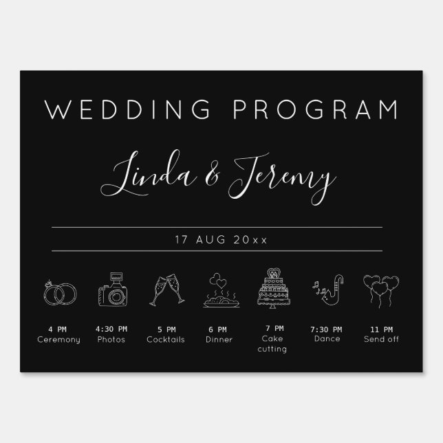 Minimalist Black Wedding Program Timeline Sign (Front)