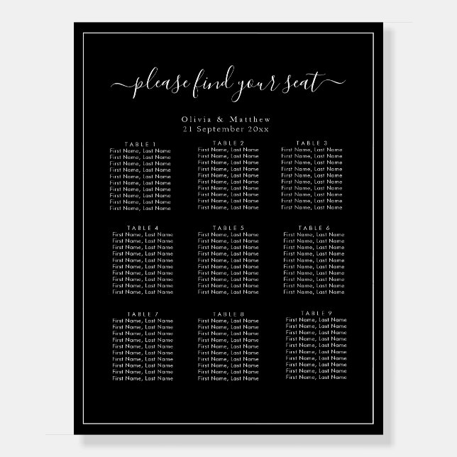 Minimalist Black Wedding Seating Chart Foam Board (Front)