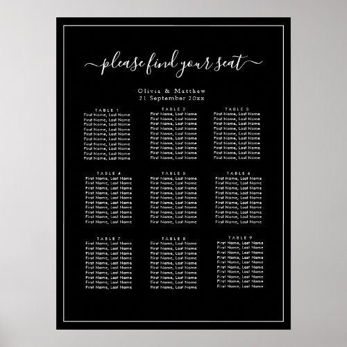 Minimalist Black Wedding Seating Chart Poster