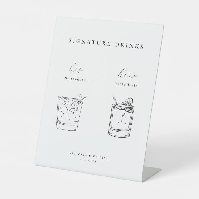 Minimalist Black Wedding Signature Drinks Pedestal Sign (Front)