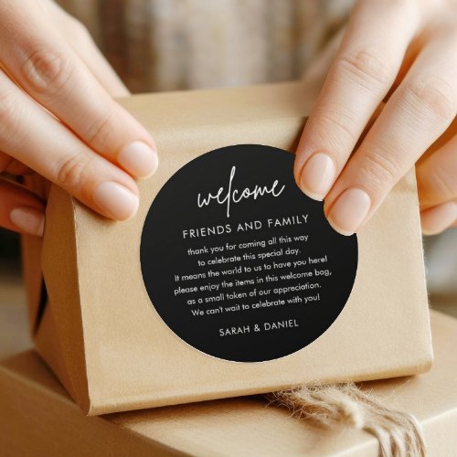 Minimalist Black Wedding Welcome Box Classic Round Sticker