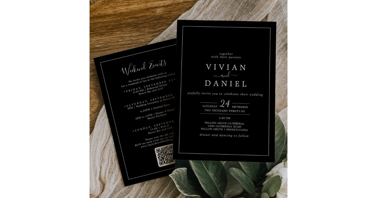 Minimalist | Black Weekend Events QR Code Wedding Invitation