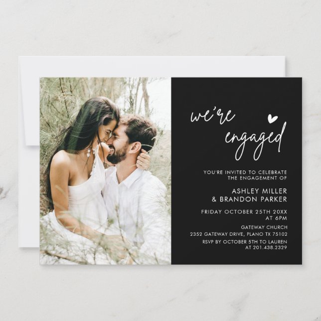 Minimalist Black We're Engaged Photo Engagement Invitation (Front)